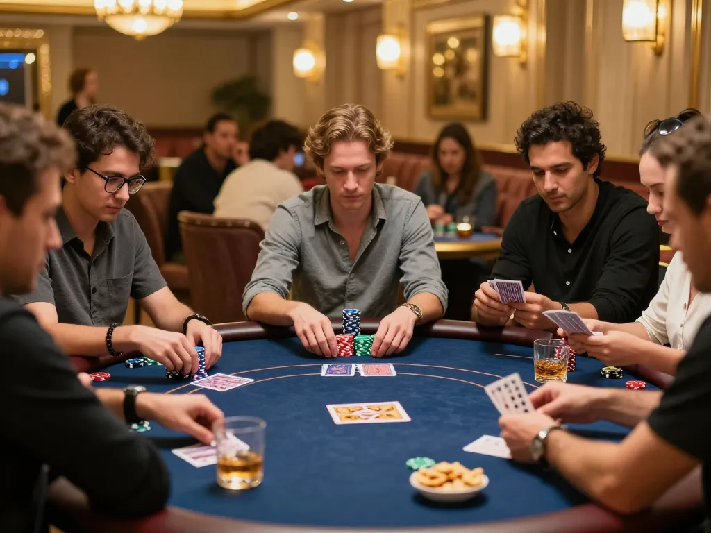Players strategizing at an OK8386 poker table, capturing intense moments of gameplay and luxury.