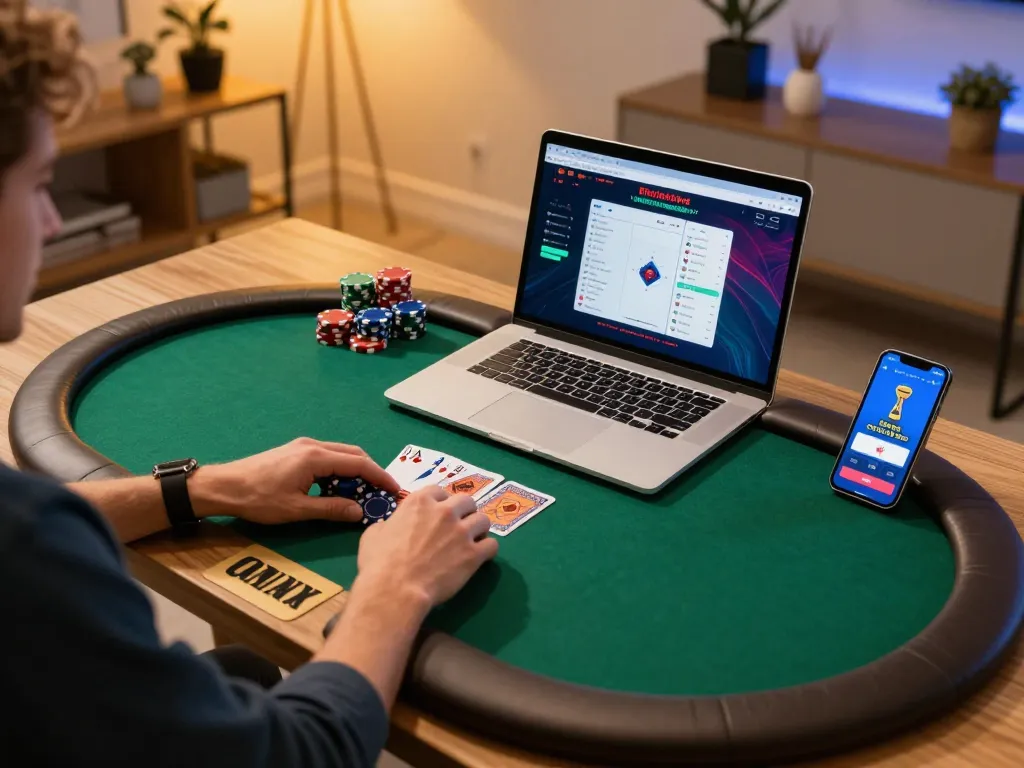 Engaging online gaming scene with janadenole poker setup showcasing focused player and vibrant atmosphere.
