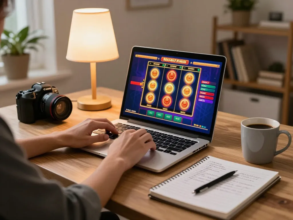 Player enjoying pfly88 online slots in a cozy home setting with strategic notes nearby