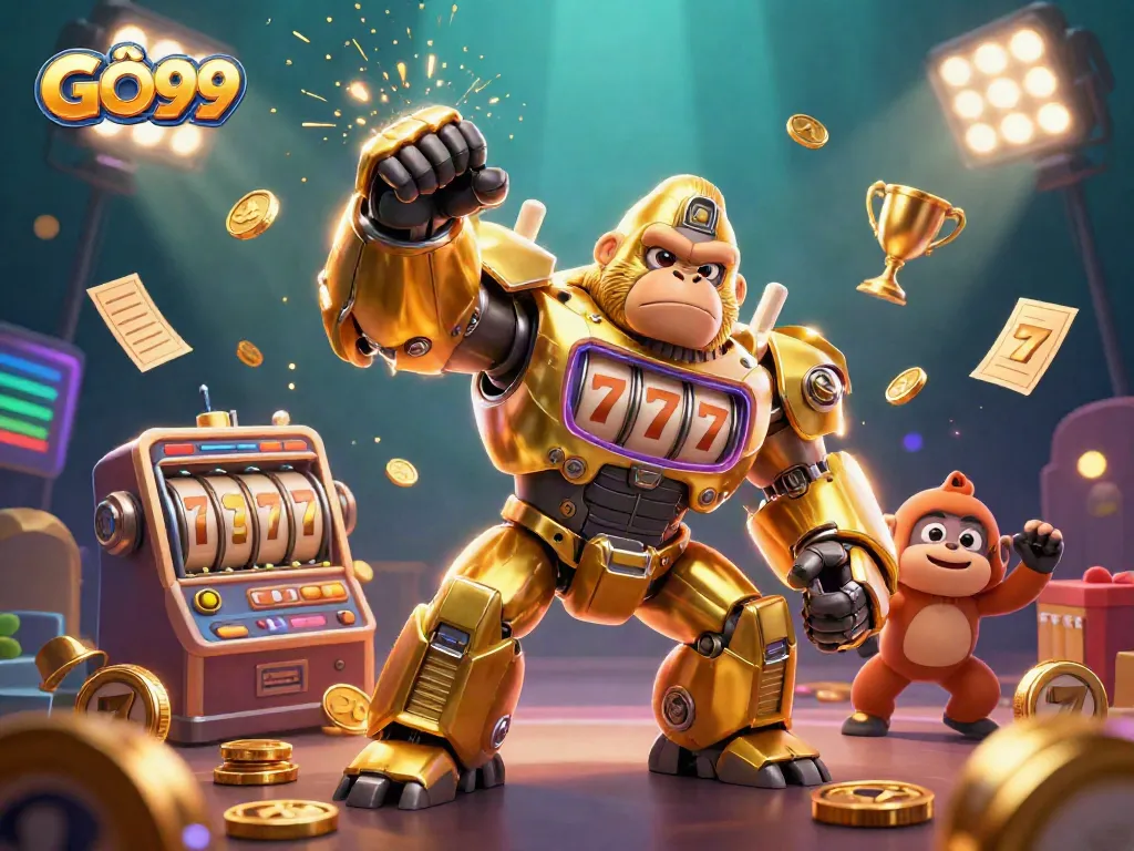 Experience the thrilling world of GÔ99 with a dynamic 3D casino scene, featuring a golden gorilla mech at the center.