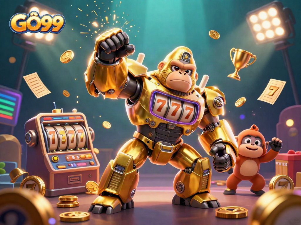 Experience the thrilling world of GÔ99 with a dynamic 3D casino scene, featuring a golden gorilla mech at the center.