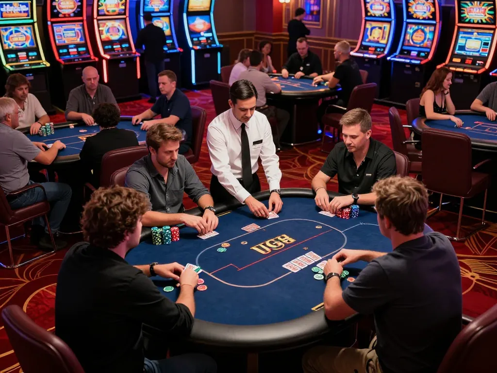 Experience thrilling poker action at UG88's elite casino with players strategizing amidst vibrant surroundings.