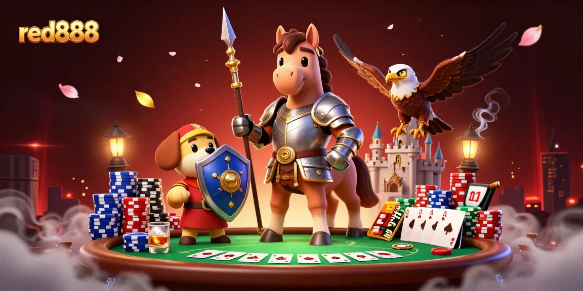 Experience an exciting poker game with red888 featuring a knight, puppy, and falcon amidst vibrant casino elements.