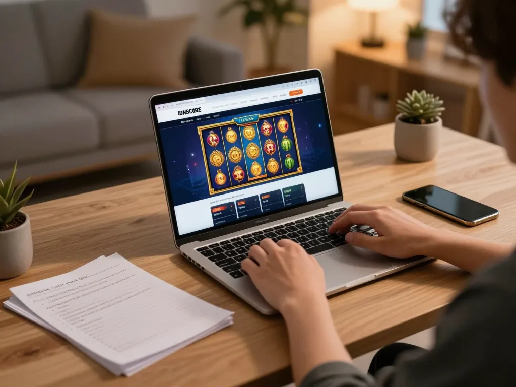 IDNSCORE user engaging with an online slot game on a laptop in a cozy home setting.
