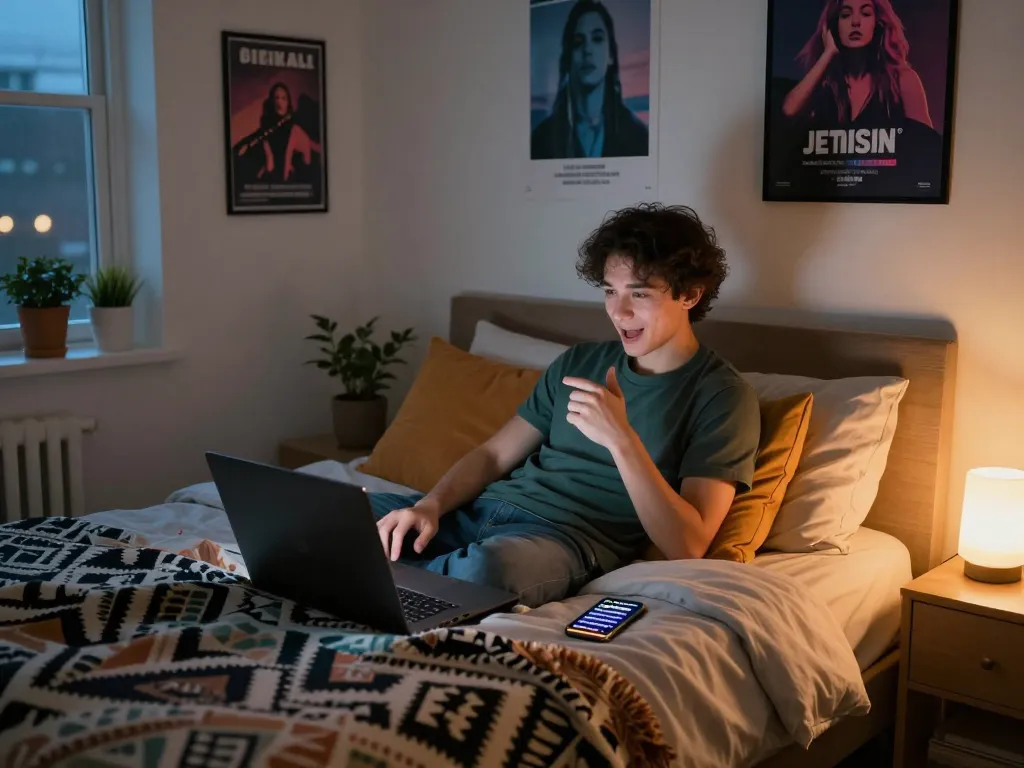 Engaging in ai sexting in a cozy urban bedroom filled with personal touches and stylish decor.