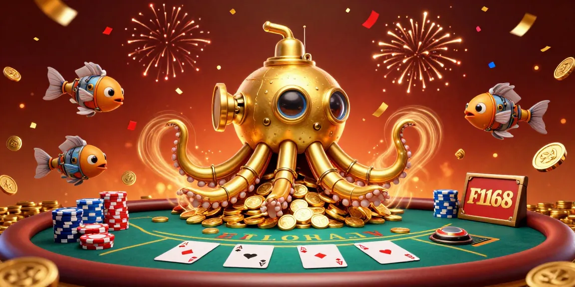 F168 brings thrilling poker action as the golden kraken submarine emerges amidst vibrant casino elements.