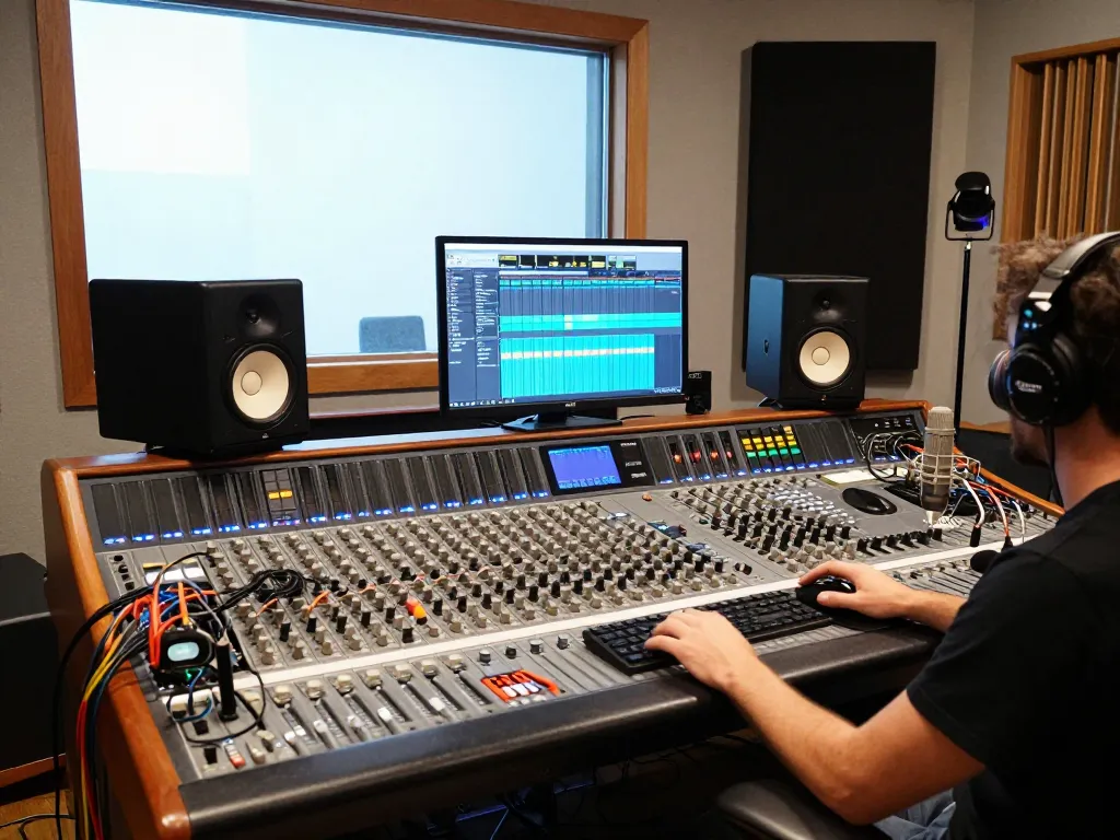 Sound engineer utilizing DA88 equipment for audio mixing in a modern studio