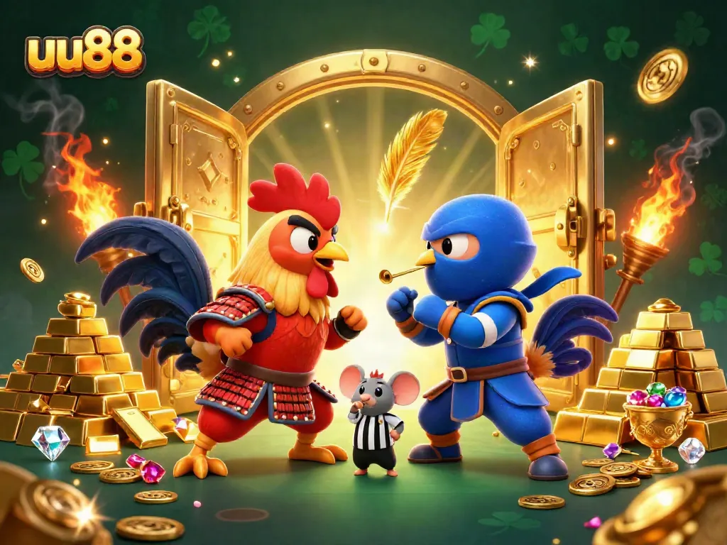Engage in excitement at uu88 with twin roosters battling amid treasures and vibrant casino elements.