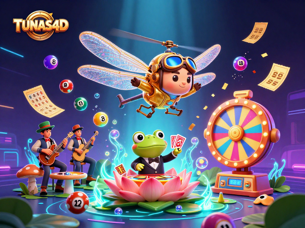 TUNAS4D brings excitement as a dragonfly pilot and frog dealer animate a vibrant casino scene.