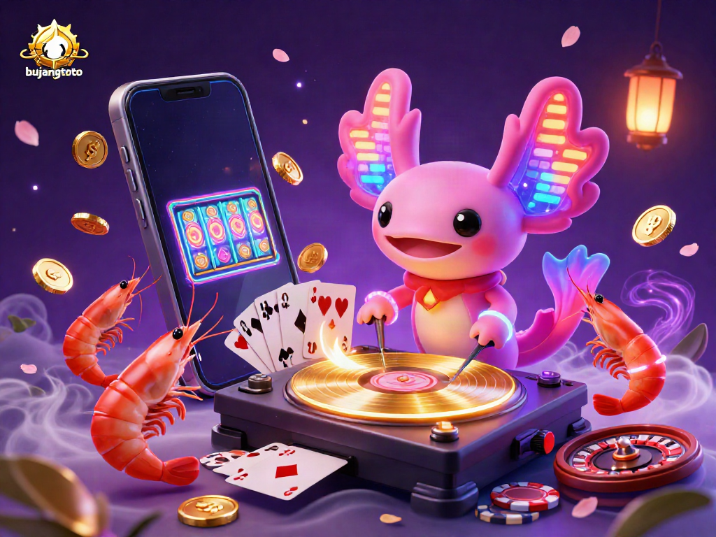 Bujangtoto's vibrant gaming scene featuring an axolotl DJ, shrimp dancers, and golden coins erupting from a smartphone.