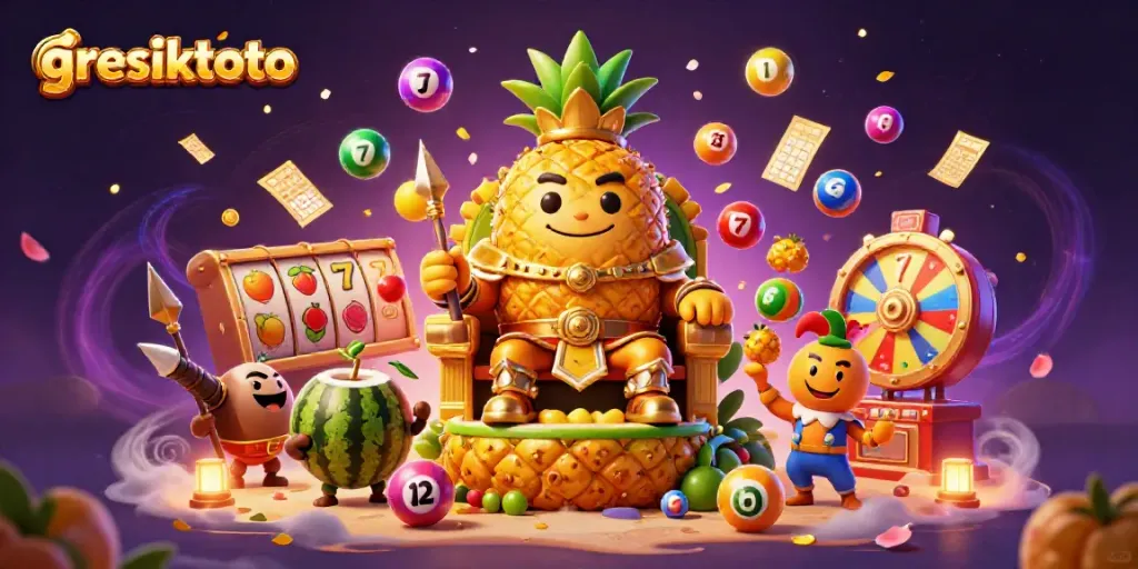 Experience the dynamic gambling scene with gresiktoto's golden pineapple king and vibrant slot elements.