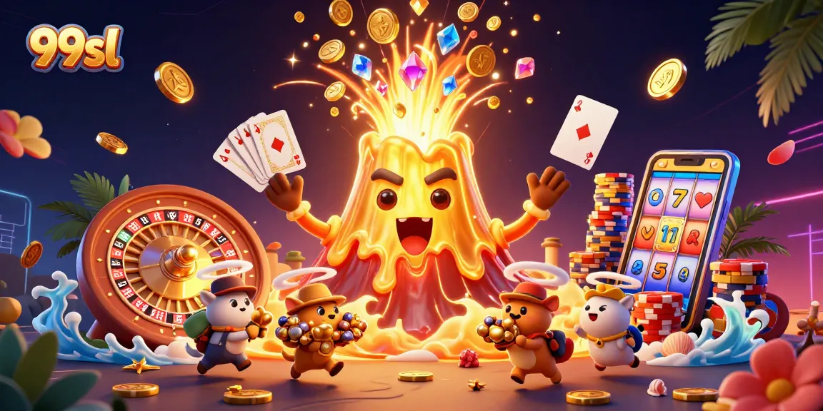 Experience thrilling wins at 99sl with a golden volcano erupting treasure, casino elements abound.