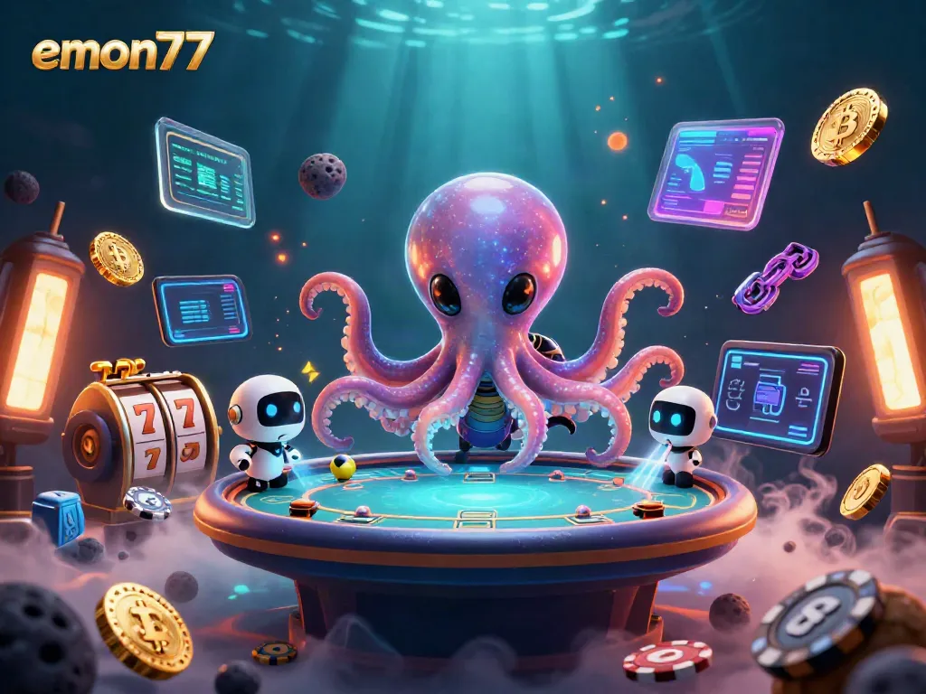 Join the fun at emon77 with a vibrant alien octopus and robot playing poker!