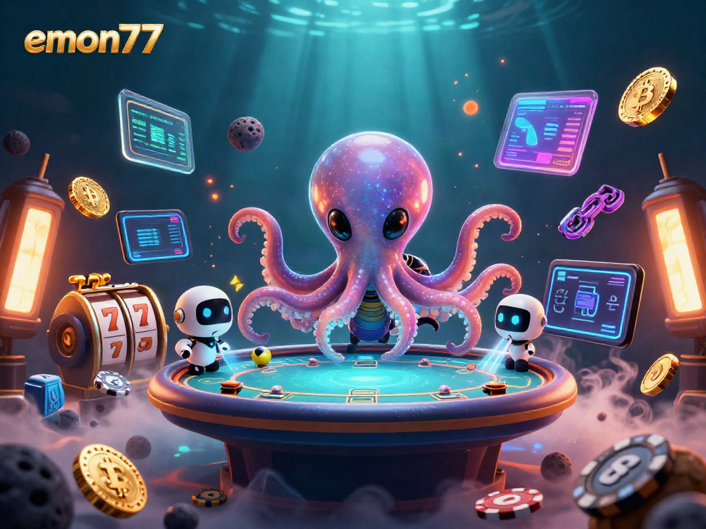Join the fun at emon77 with a vibrant alien octopus and robot playing poker!