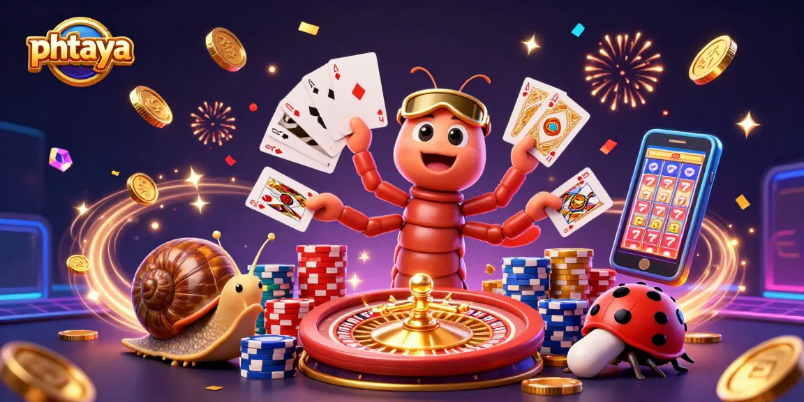 Phtaya players enjoy thrilling casino action with a lively millipede dealer, chips, and cards.