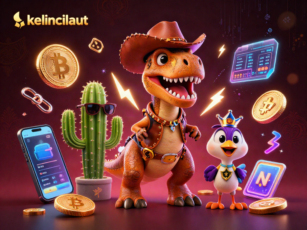 Engage in thrilling gameplay with kelincilaut as a vibrant T-Rex and friends celebrate casino excitement amidst glowing cryptocurrencies.