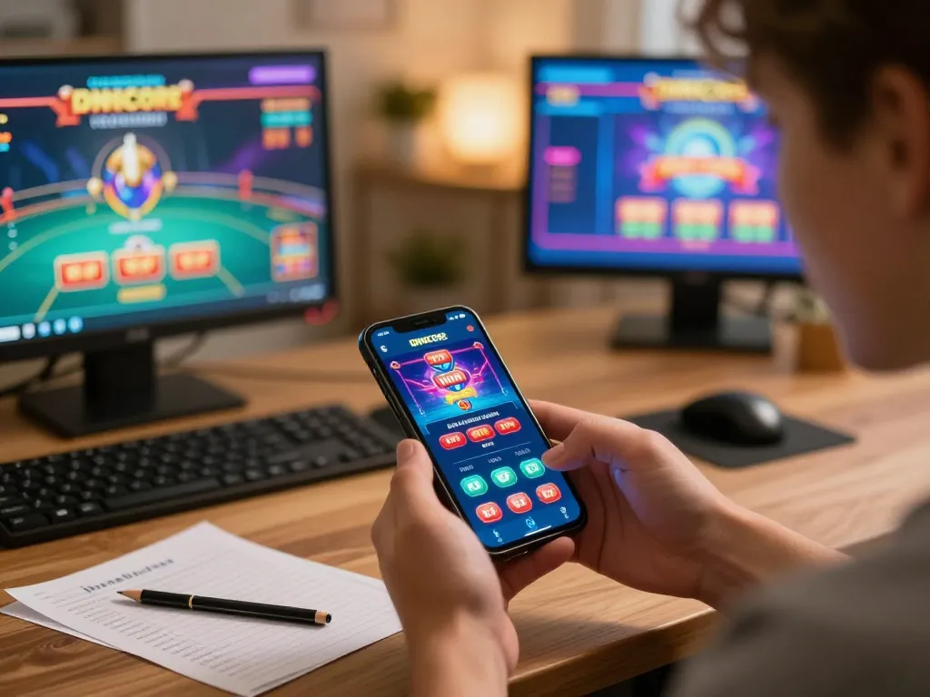 Experience the excitement of IDNSCORE with a player strategizing on their smartphone.