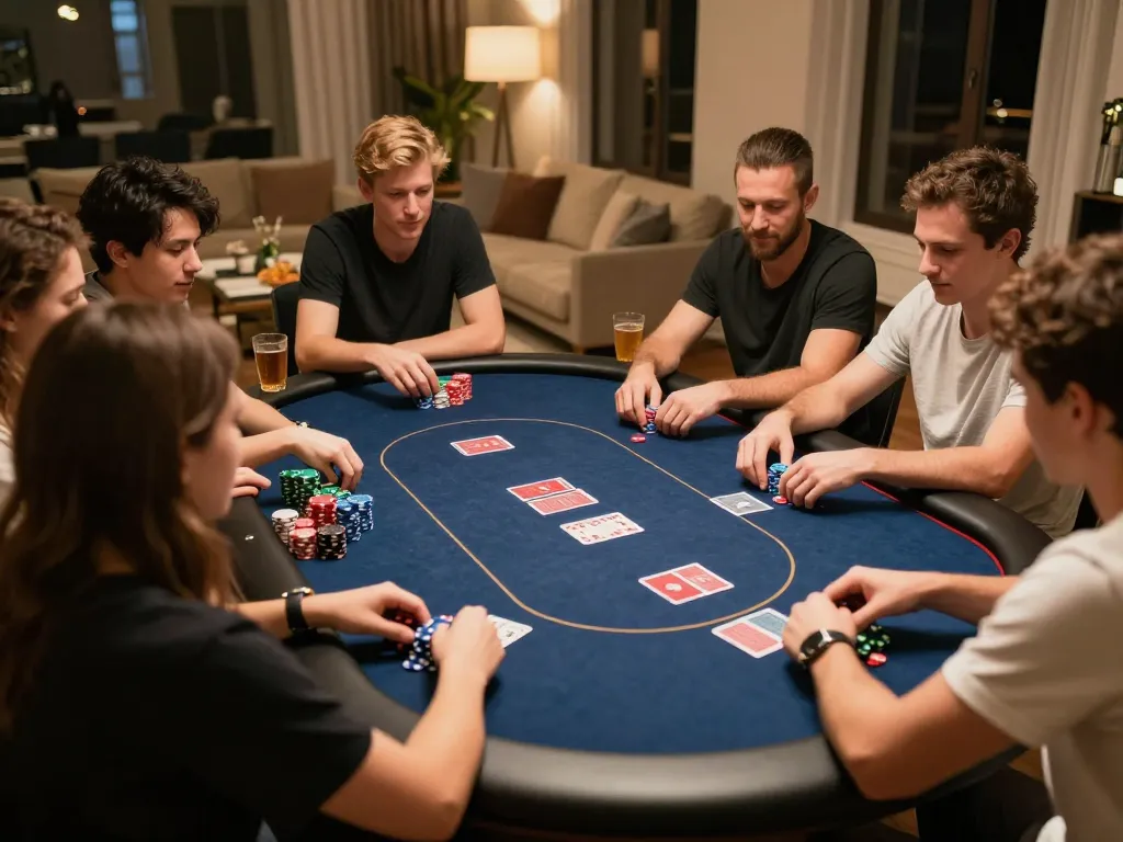 Friends playing poker at home with chips and cards visible on the table, engaging gameplay at https://luck8.bid/