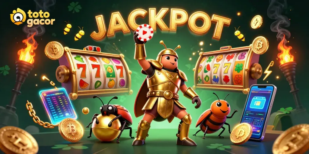 Engage with toto gacor gameplay featuring enchanting 3D beetles amidst vibrant casino elements.