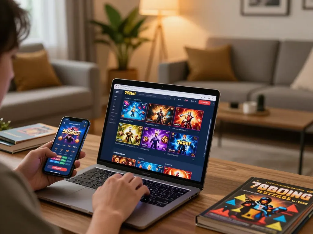 Player strategizing online betting on 789bet with laptop and smartphone in a cozy home setting