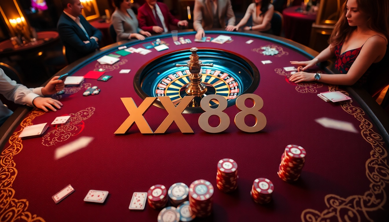 Players enjoying a thrilling poker game at XX88 luxury casino tables, filled with excitement.