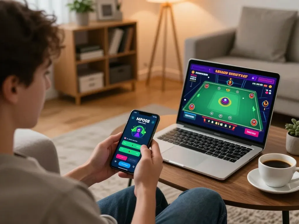 MPO08 mobile user placing strategic bets on an online casino app in a cozy living room setting.