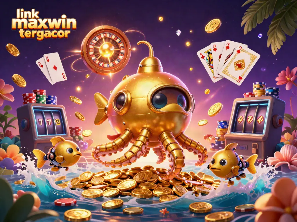 Spin to win with the link maxwin tergacor, featuring a dynamic scene of a golden kraken submarine and vibrant casino elements.