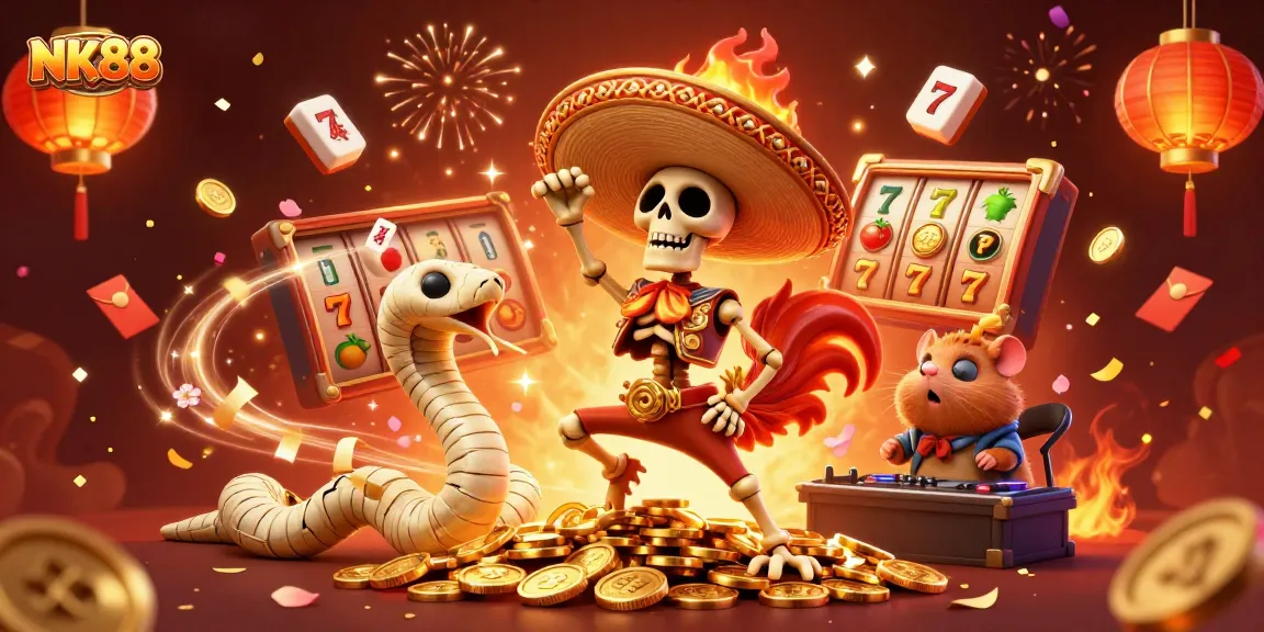 Experience NK88 thrills with vibrant 3D casino illustrations showcasing slots, jackpots, and celebratory elements.