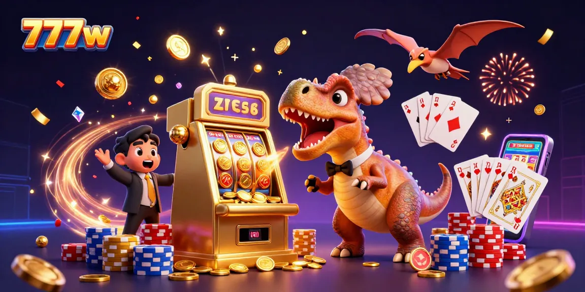 7777w character illustration depicting a dinosaur with a slot machine, showcasing exciting casino action.