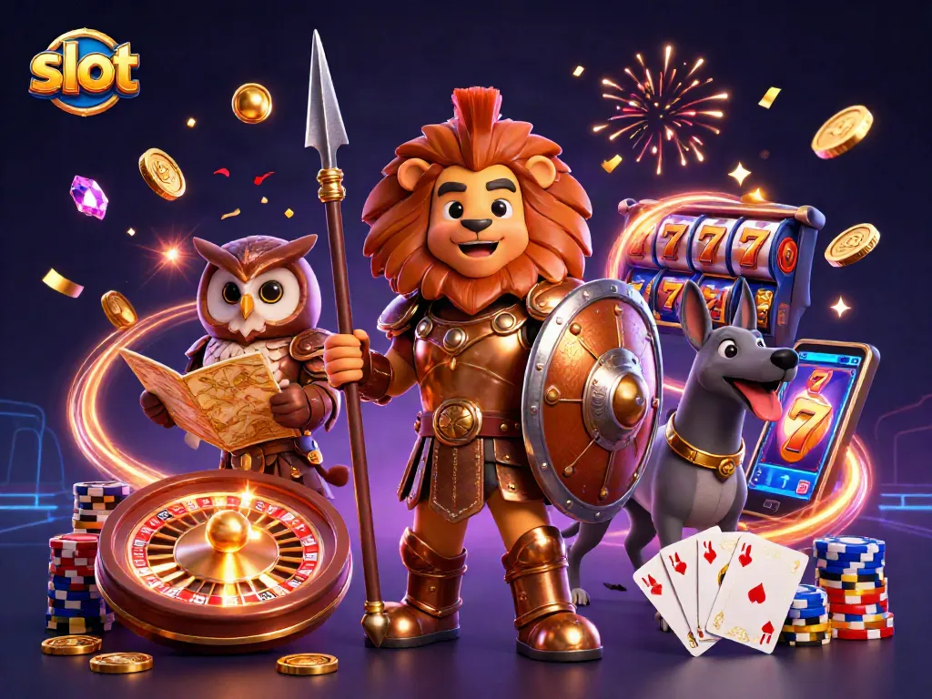Menangkan slot dengan karakter kartun berani dan simbol mesin slot yang bersinar.