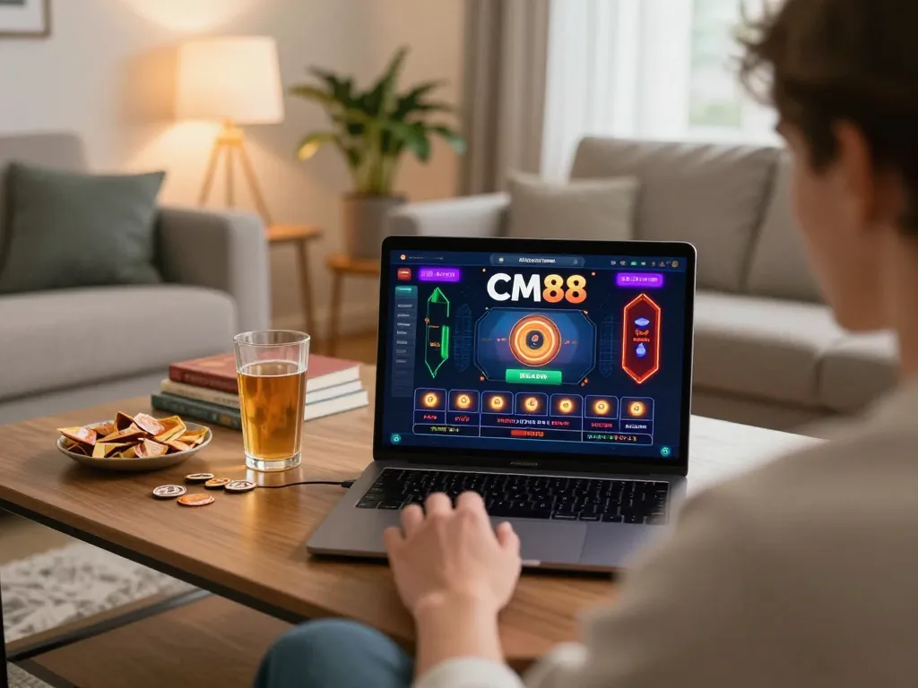 CM88 online gaming setup with player engaged in casino activities from home, emphasizing a comfortable atmosphere