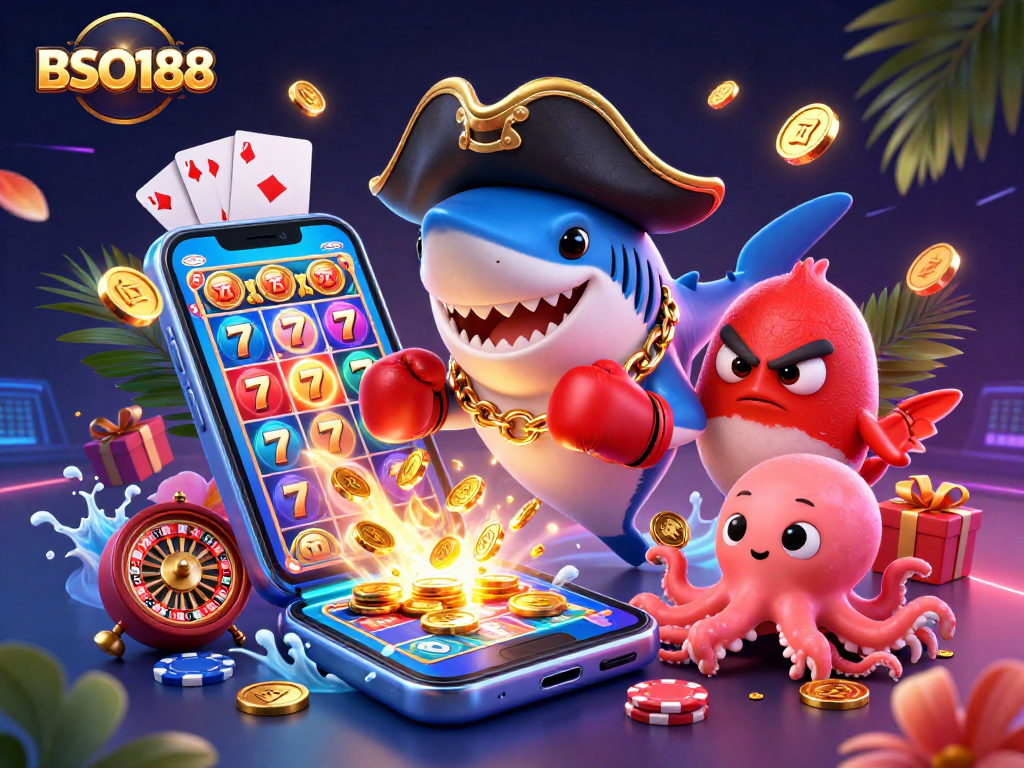 Experience thrilling slot gameplay with BSO188 alongside fun characters and casino items.