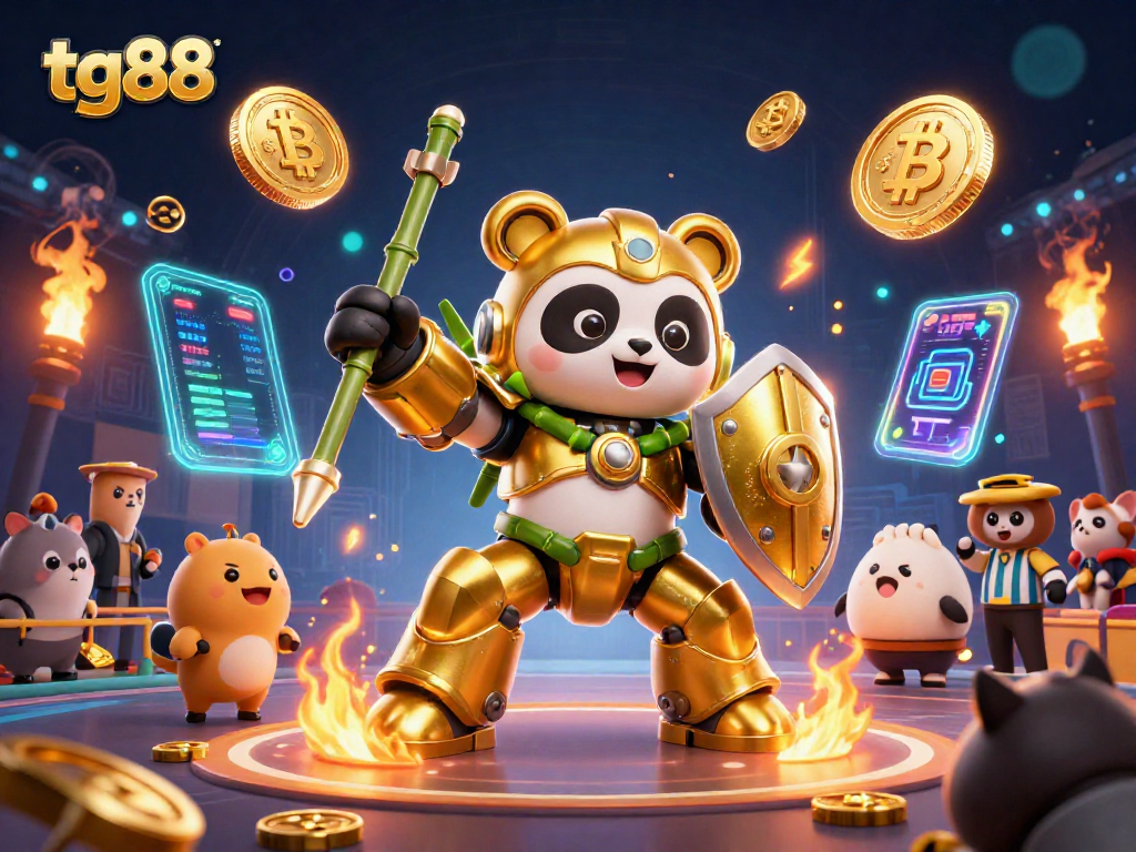 Win big at tg88 with a vibrant 3D casino battle scene featuring a golden panda in action.