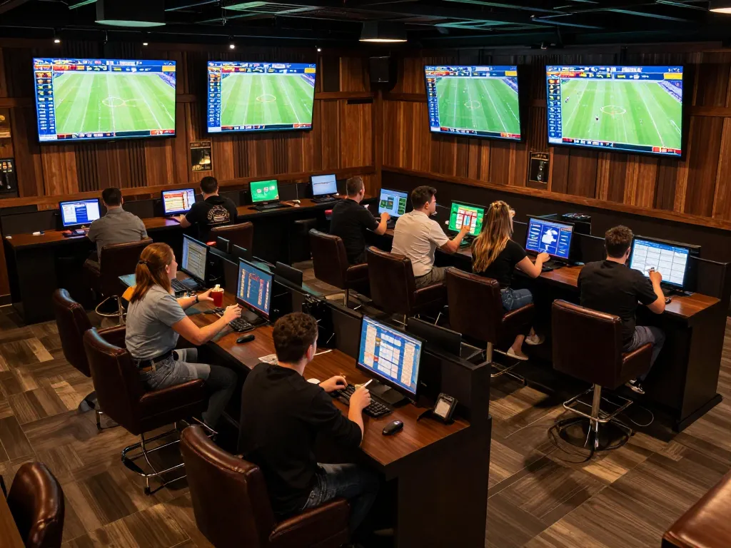 BONGDALU betting enthusiasts cheering in a lively sports betting lounge while viewing live scores