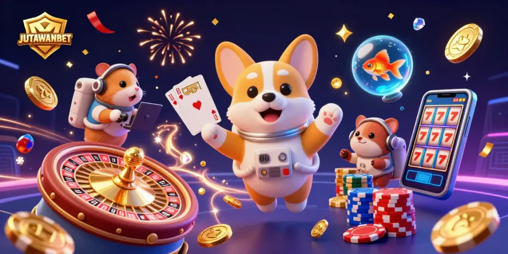 Experience thrilling wins at JUTAWANBET with an astronaut corgi and casino fun in this vibrant scene.