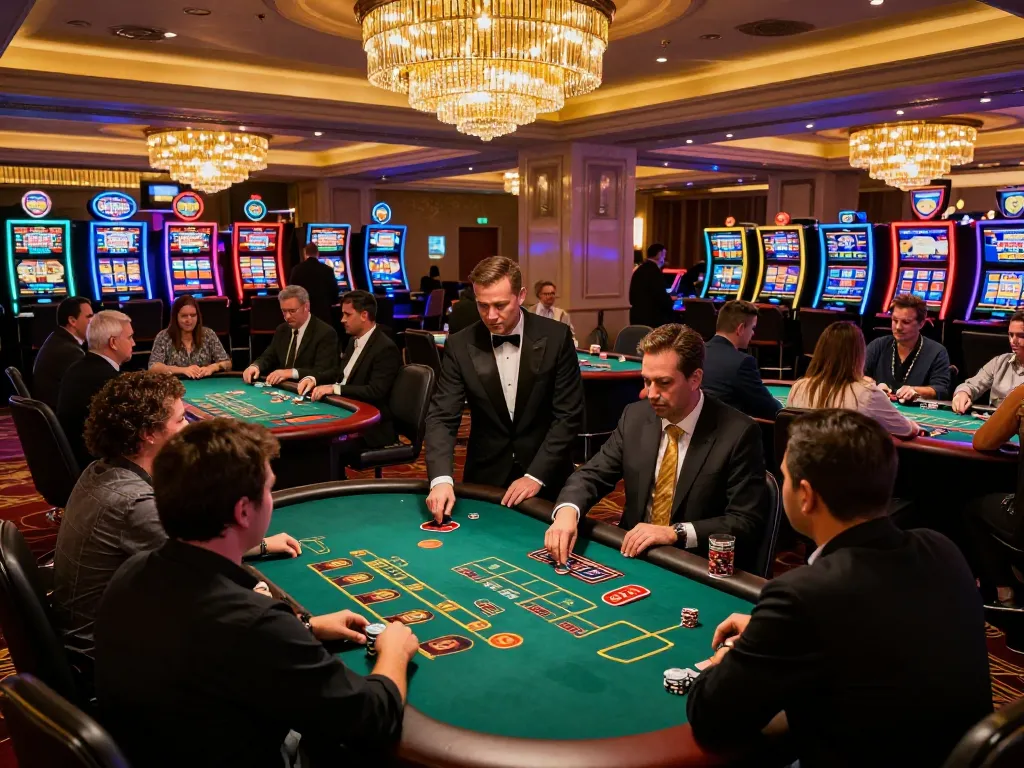 Players betting at blackjack tables in the bustling 88CLUB casino, reflecting excitement and luxury.