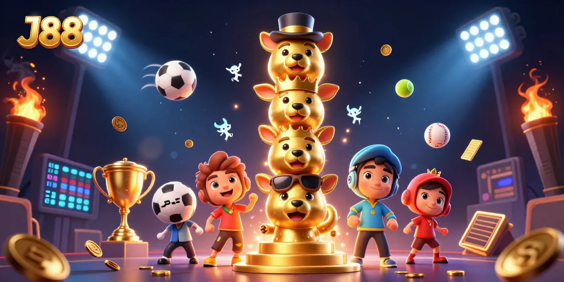 Engage in thrilling gameplay at J88 with vibrant casino characters and dynamic sports elements.