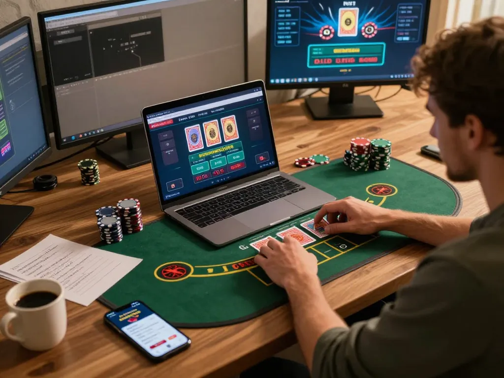 LIGALGO player enjoying a live dealer blackjack game on laptop while tracking strategies.