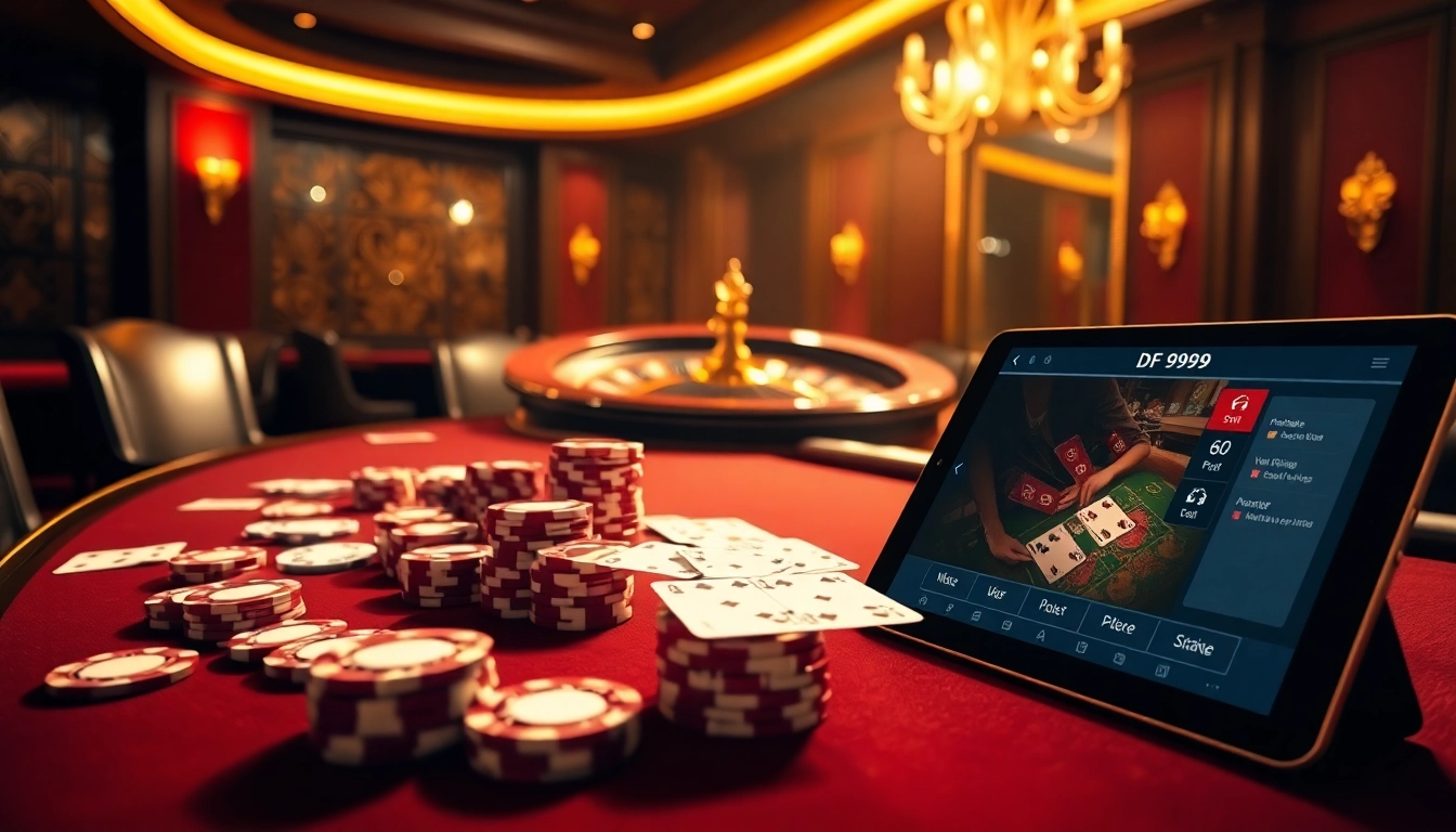 Engaging gambling scene at DF 999 casino featuring poker chips and roulette wheel.