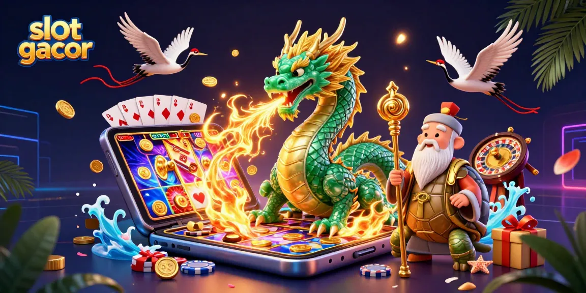 Experience slot gacor with an exciting blend of a jade dragon, wise turtle sage, and lucky cranes in a vibrant casino scene