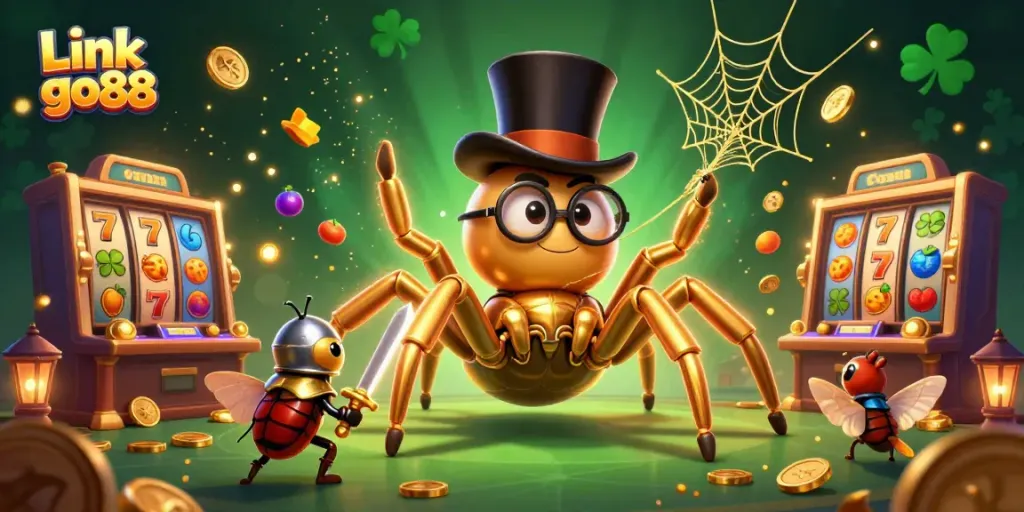 Engage with Link go88 in this vibrant casino scene featuring a golden tarantula and spinning slot reels.