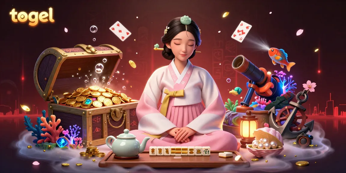 Experience the thrill of togel with a serene Asian woman amid treasure chests and glowing elements.