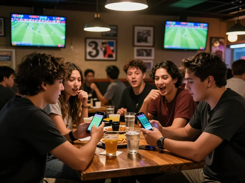 Kèo nhà cái displayed on screens in lively sports bar, friends cheering for football matches.