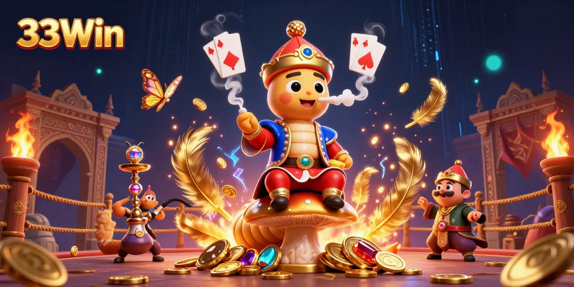 Engage with the vibrant world of 33Win featuring a captivating Caterpillar Master amidst a dazzling casino scene.