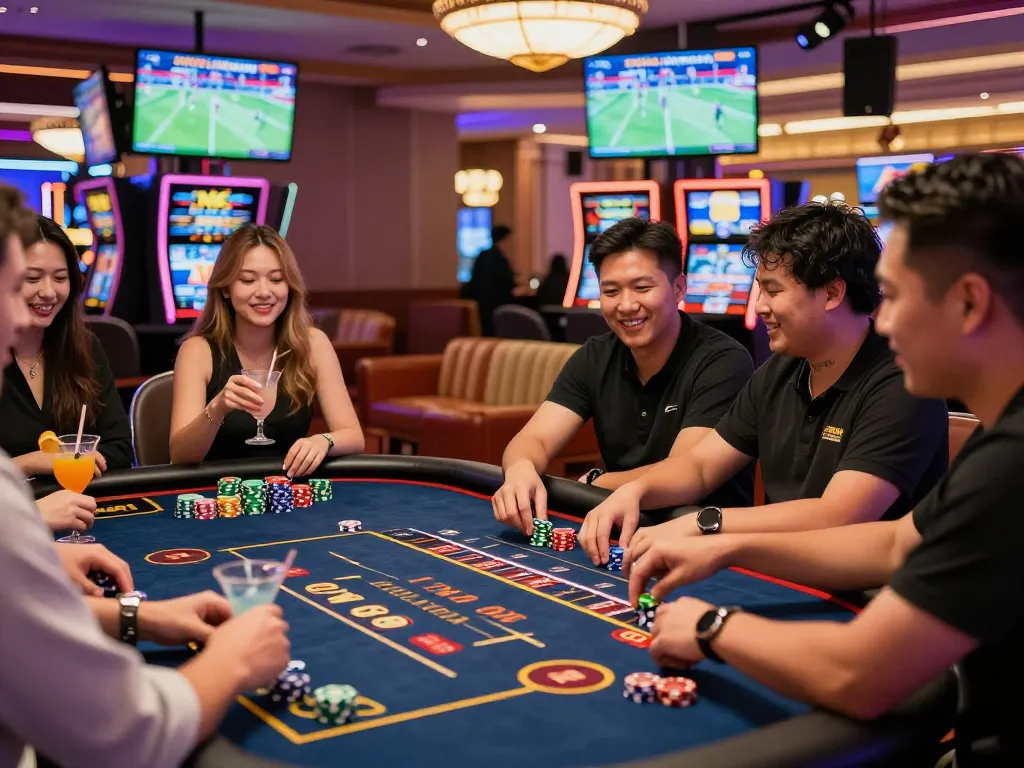 Exciting NK88 casino gameplay with players enjoying roulette under vibrant neon lights.