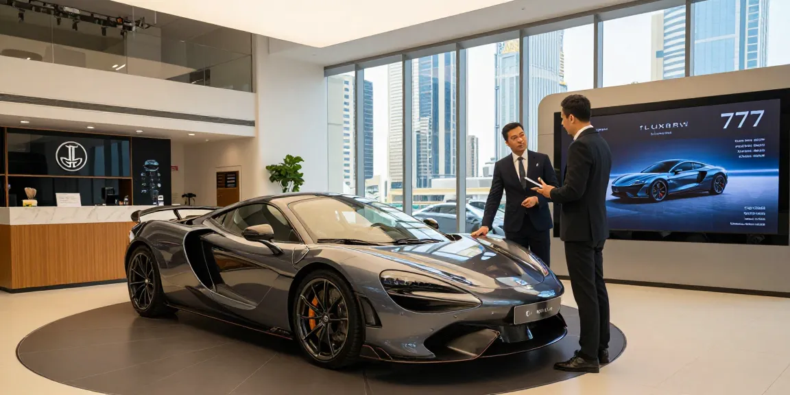 Menyaksikan pengalaman sewa mobil mewah LUXURY 777 di showroom modern.