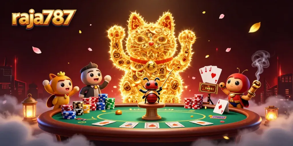 RAJA787 menghadirkan ilustrasi kasino 3D yang menarik dengan simbol kasino dan karakter lucu.