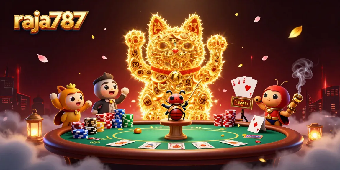 RAJA787 menghadirkan ilustrasi kasino 3D yang menarik dengan simbol kasino dan karakter lucu.
