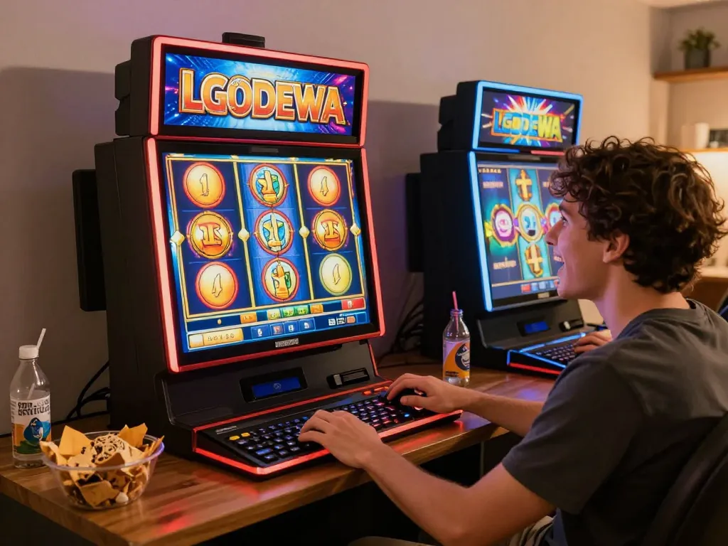 Engaging with LGODEWA slot games from a cozy home setup, showcasing vibrant gameplay.