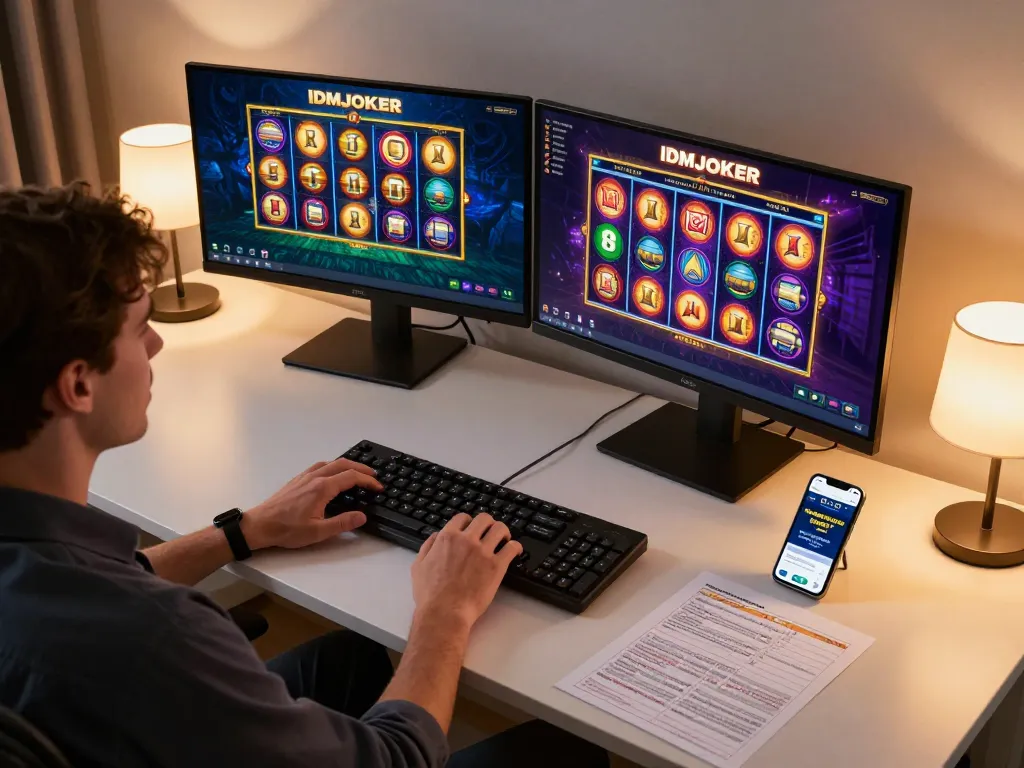 IDCJOKER player engaging with online slots in a cozy home setup, showcasing strategy and responsible gaming.